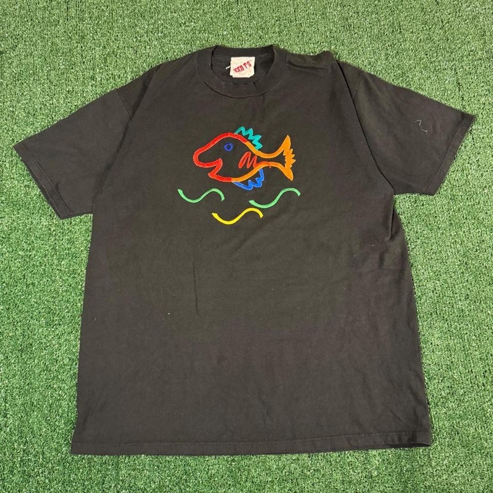 Vintage INCOT'S Colorful Fish Graphic T-Shirt Black Mens XL USA Made 0244
